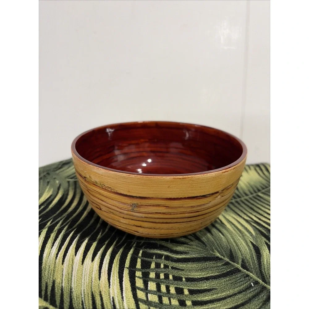 VTG Spun Bamboo Bowl Red Lacquer Centerpiece Gabriella Crespi Style Boho 6.5